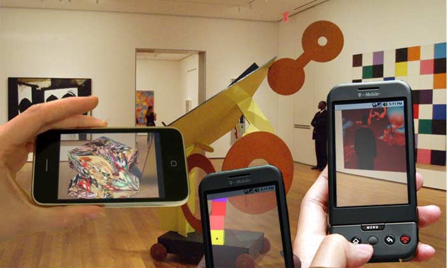 Augmented Reality tentoonstelling die te zien is via smartphones in het MoMa, een kunstproject van Sander Veenhof.