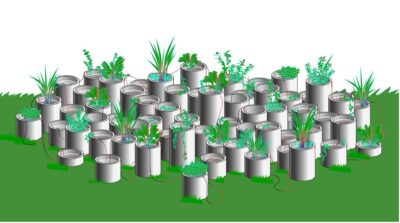 Verschillende buizen met planten, waar elektroden tussen lopen die de vrijgekomen elektronen van bacteriën in het water oogsten. Schematisch weergegeven. Ontwerp Sunjoo Lee.